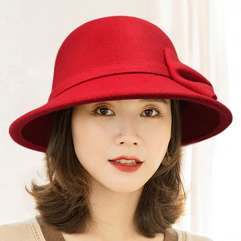 Women\'s Hat Bow-knot Woolen Felt Fedoras Korean Fashion Ladies Vintage Elegant Hat Warm Autumn Spring Panama Hat for Ladies