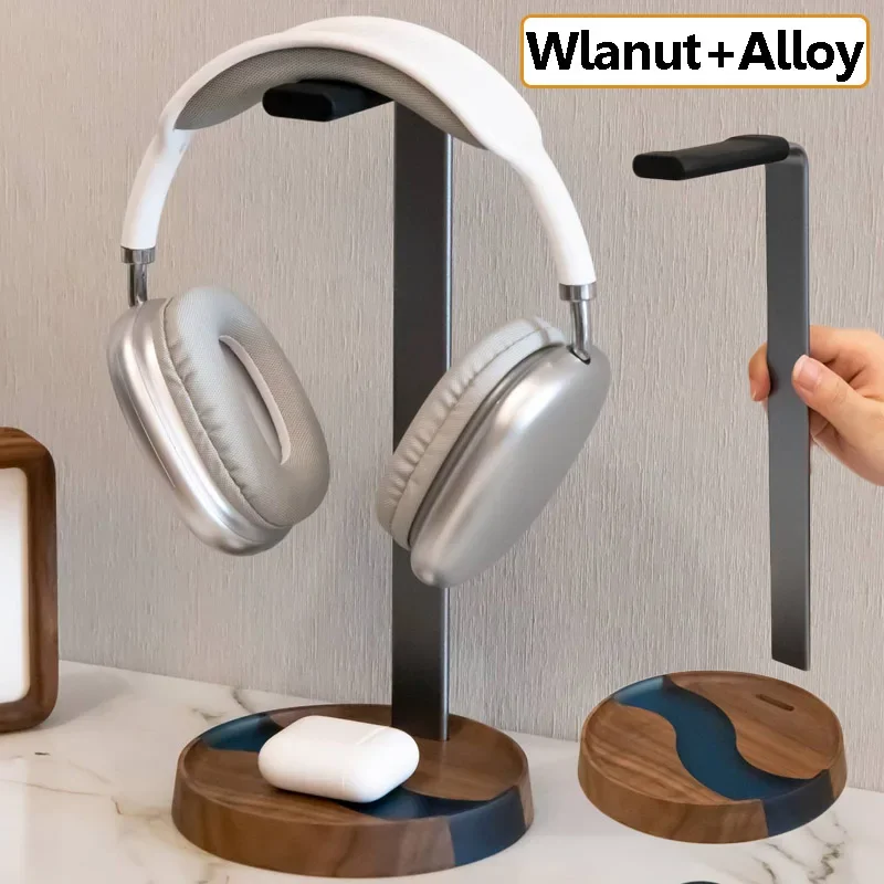 Portable Detachable Headphones Stand Walnut Wood Aluminum Alloy Gaming Headsets Bracket for Airpods Max Desktop Display Shelf