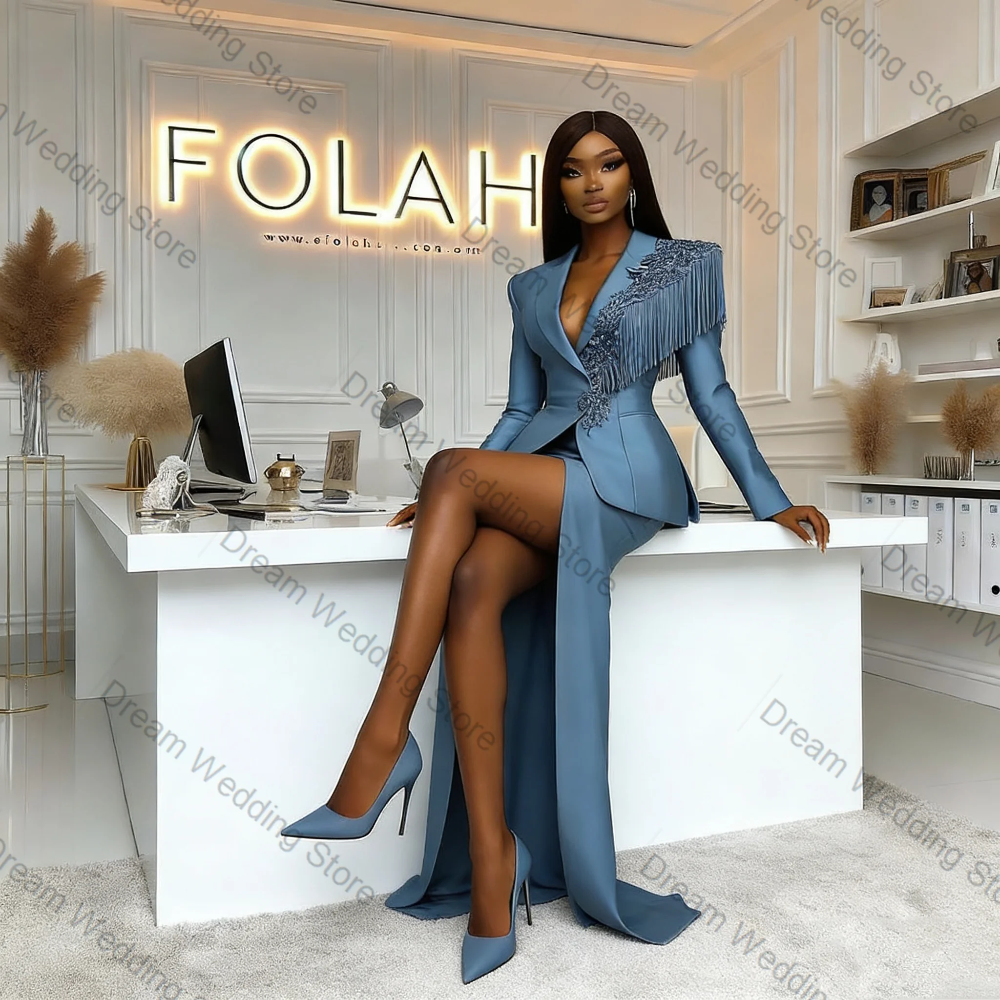 Tassel Blue Women Suit Set 2 Pcs Blazer+Long Split Prom Dress Spring Formal Office Lady Jacket Customized Wedding Guest Coat