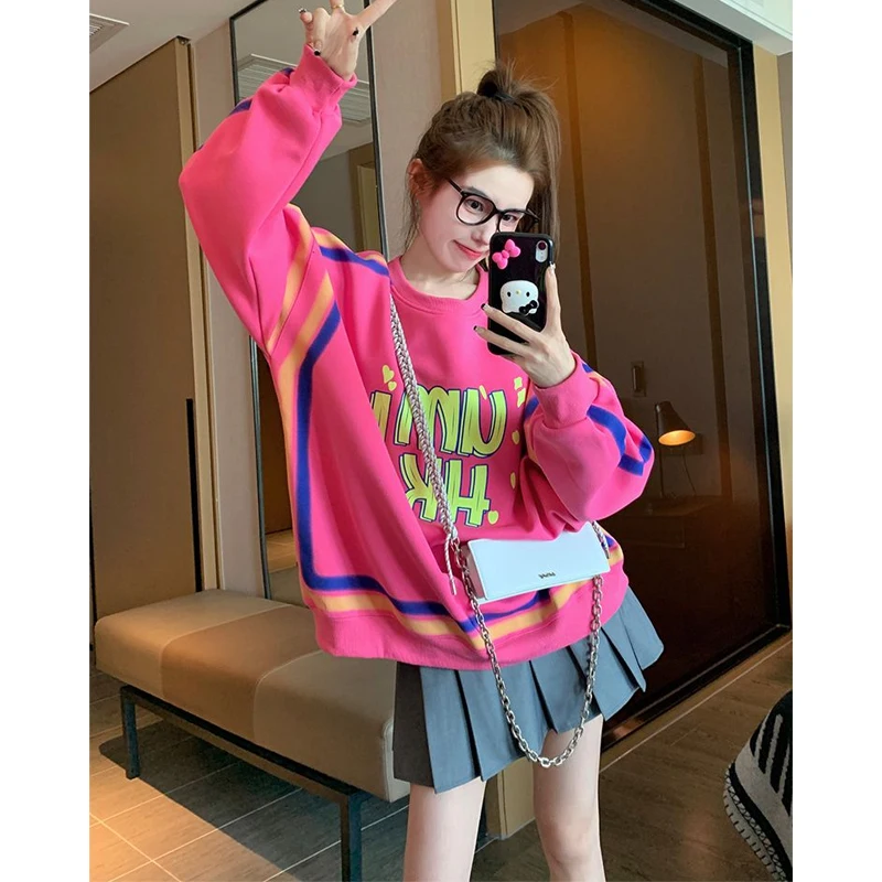 Trend Print Letter Loose Pullovers Top Autumn Winter New Long Sleeve O-neck Street Casual Hoodies Casual Fashion Women Clothing