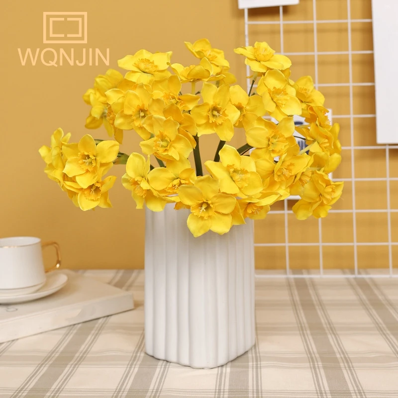 6Pcs/lot White Yellow Artificial Flower Home Decor Narcissus Flower Bouquet Home Floral Party Wedding Bridal Fake Flowers