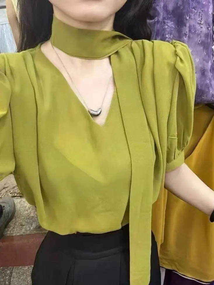 Csa informal de gasa con manga de burbuja y cuello en V de estilo coreano, blusa drapeada e a la moda para mujer, n...