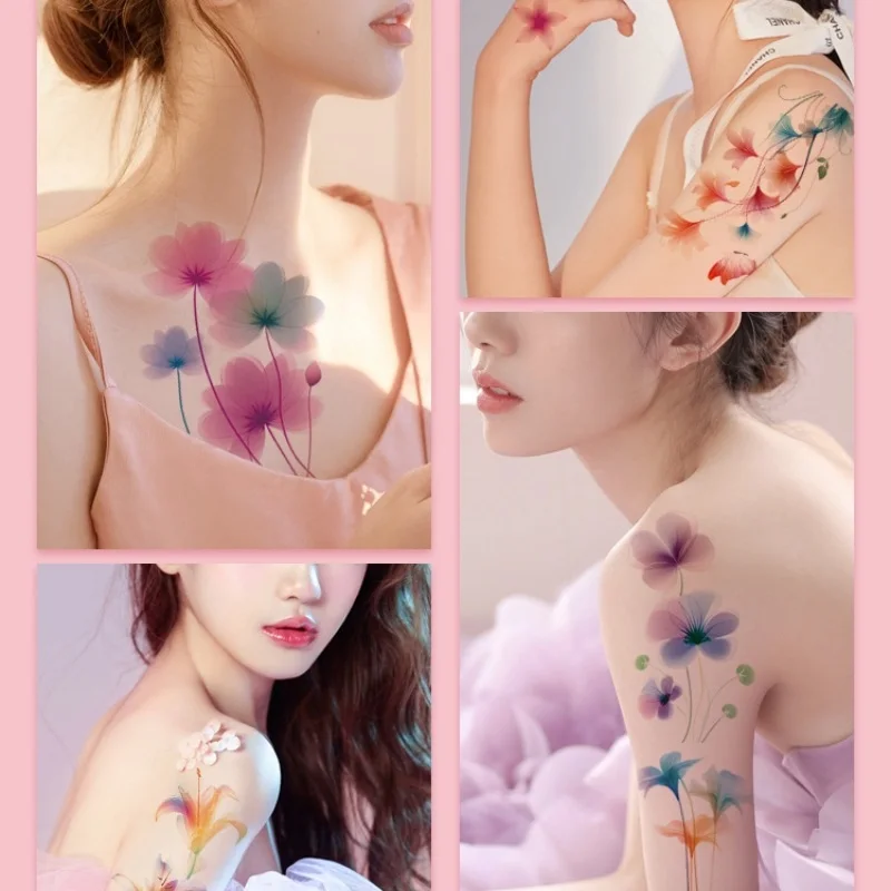 Dreamy Watercolor Gradient Flower Tattoo Temporary Sticker Disposable Party Makeup Body Art Festival Accessories Waterproof