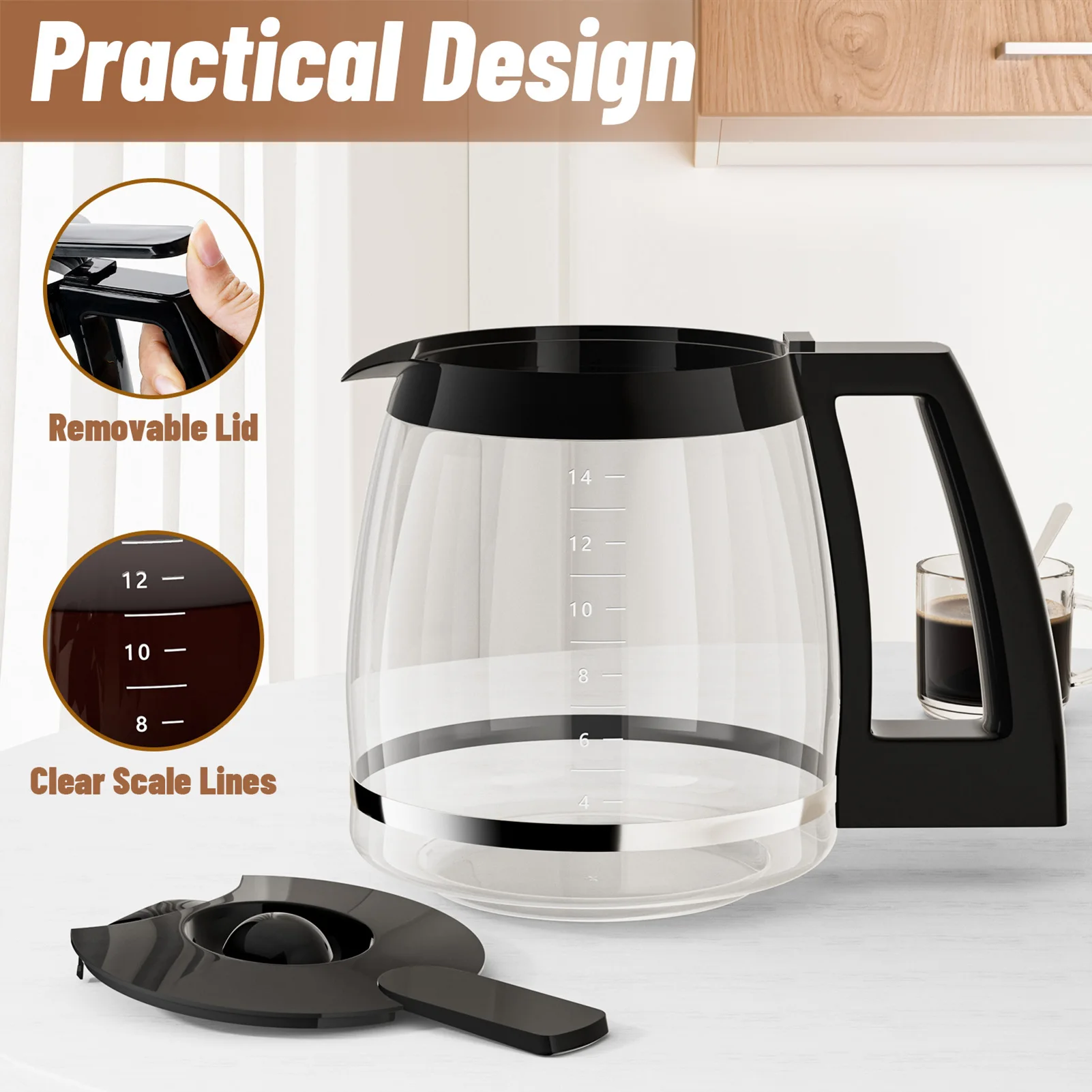 

Applicable For Cuisinart Replacement Glass Pot Coffee Maker Accessories Black Coffee Pot Glass jug With Handle Drip Proof Spout