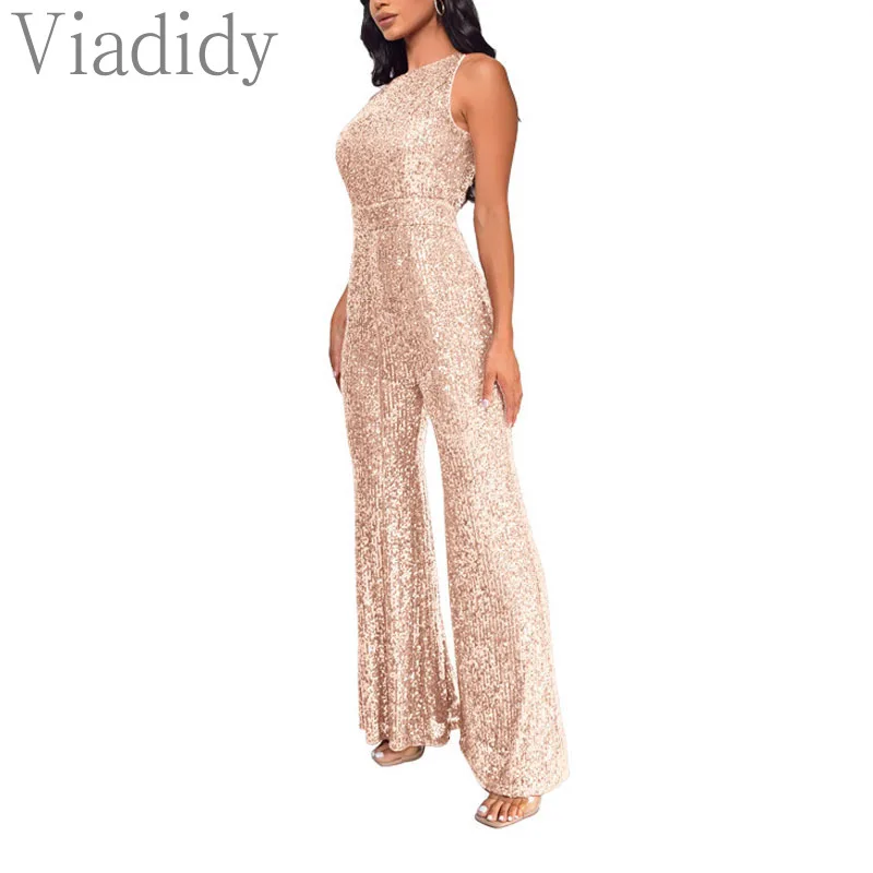 Women Sexy Solid Color Round Neck Glitter Sequin Decor Wide Leg Jumpsuits