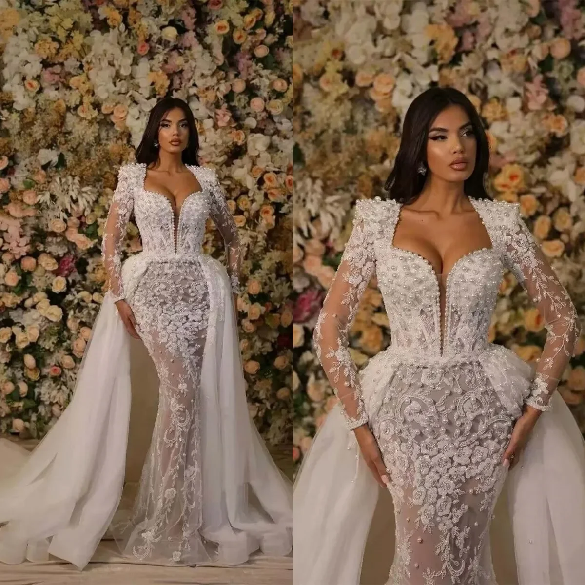 تخصيص ساحة الرقبة سباركلي يزين اللؤلؤ فستان الزفاف الفاخر Vestidos Noivas كم كامل انفصال قطار فستان زفاف #1