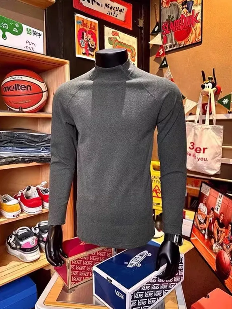 Kaus Dasar Lengan Panjang Slim Fit Pria Kerah Tinggi Dua Sisi Kaus Pakaian Olahraga Luar Ruangan Fitn Latihan Fce