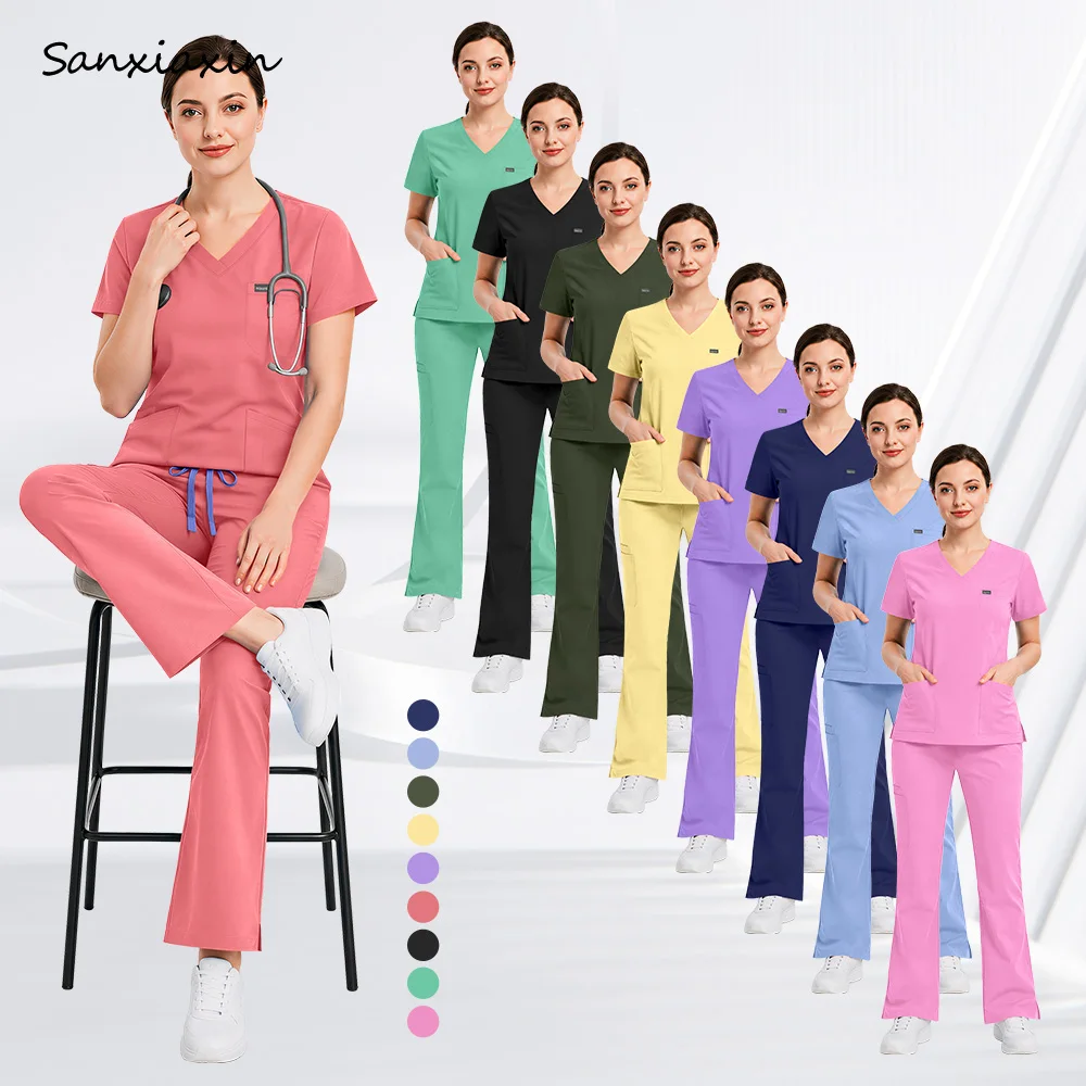 Pet Clinic Doctor Nursing Tops Pants Set Scrubs Uniform Sets Women 9 Colors Stretch Medical Uniform Summer Veterinary Scrubs Set