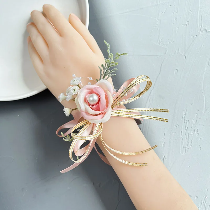 6PCS พรหมดอกไม้งานแต่งงานที่กําหนดเอง Boutonniere แฟนดอกไม้สีชมพูสร้อยข้อมือ Corsage ข้อมืออุปกรณ์เสริมประดิษฐ์ Rose