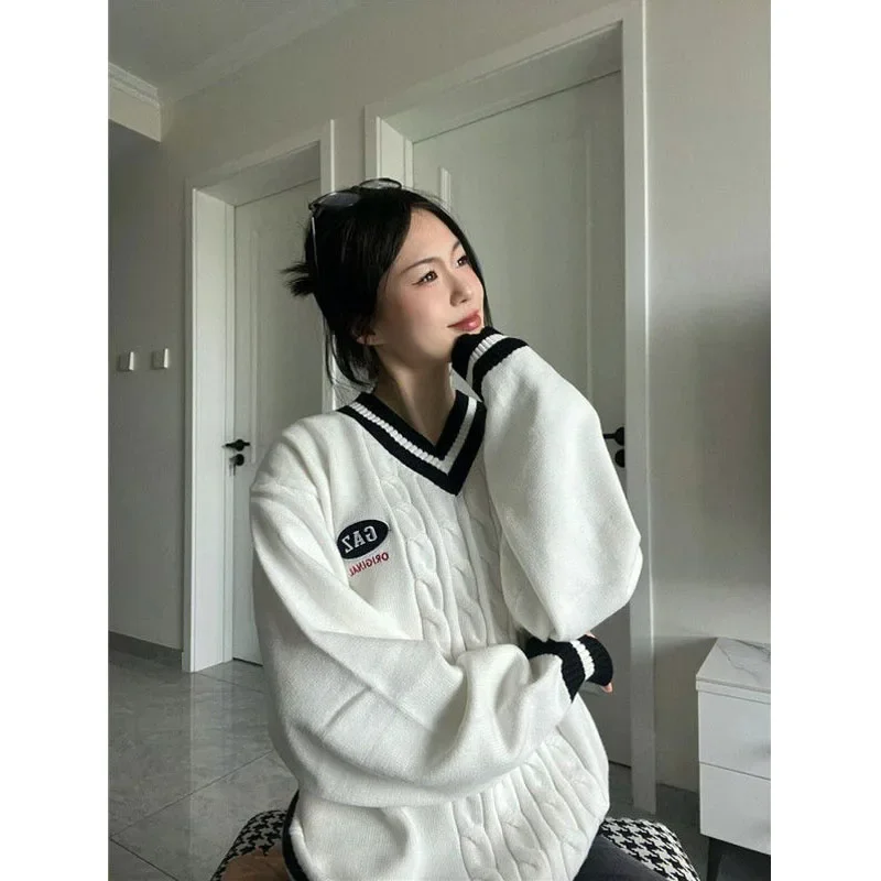 Koreaanse Stijl Oversized Truien Vrouwen Vintage V-Hals Gebreide Pullovers Vrouwelijke Preppy Look Japanse School Uniform Trui