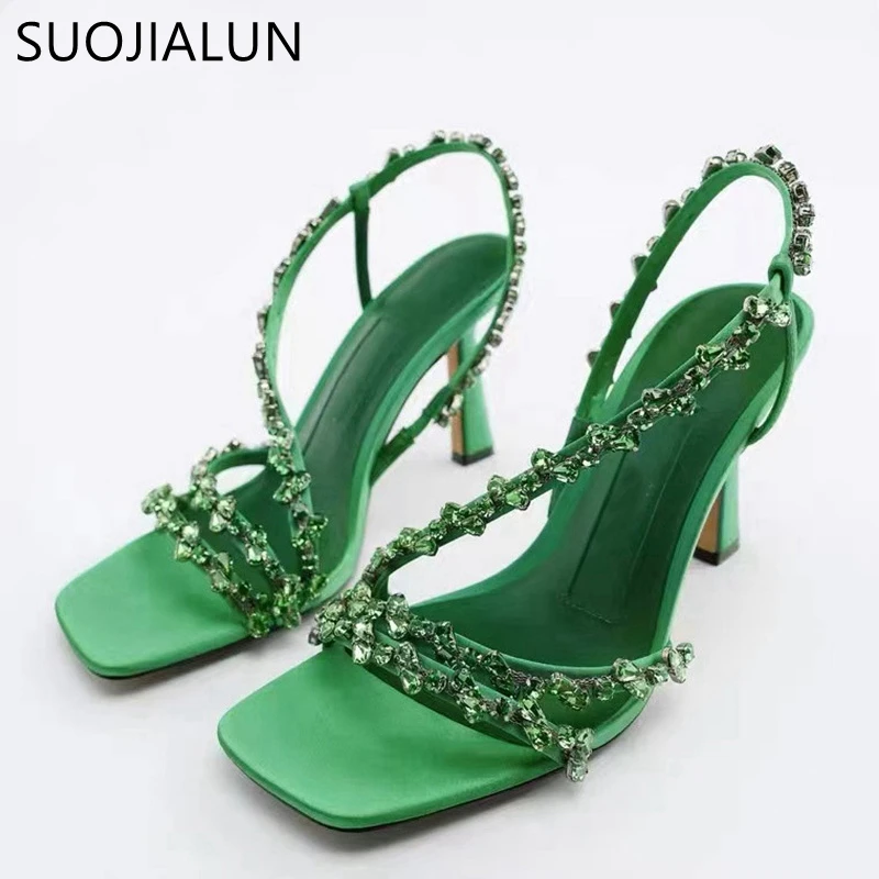 SUOJIALUN Summer New Brand Women Sandal Fashion Bling Crystal Narrow Band Ladies Elegant Gladiator Shoes Thin High Heel Pumps