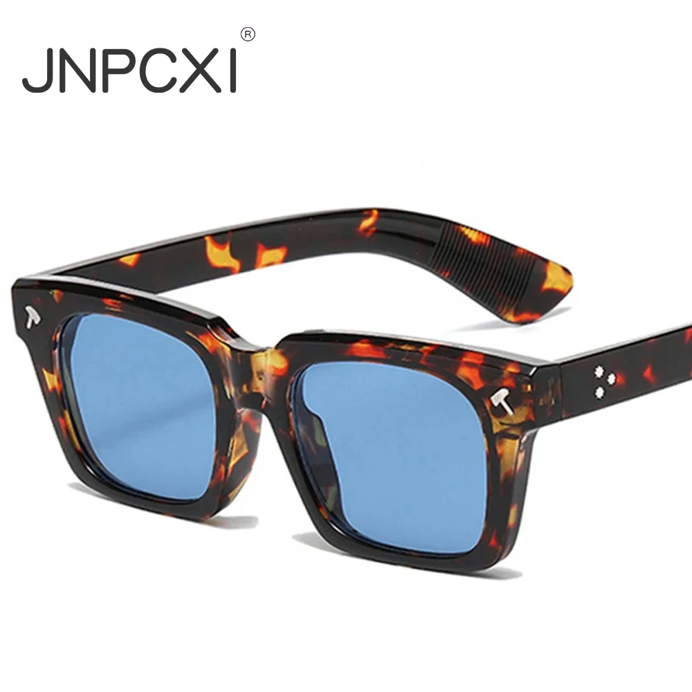 JNPCXI Vintage Square Men Sunglasses Fashion Shades UV400 Women Leopard Blue Trending Rivets Punk Sun Glasses