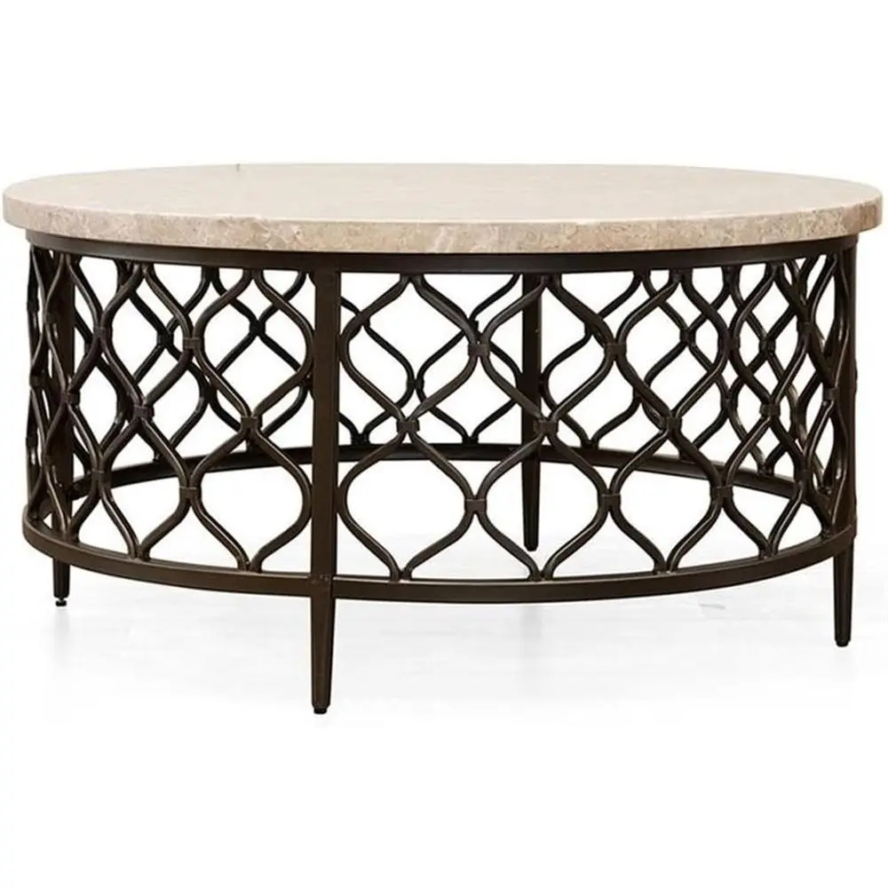 

Modern 36 White Stone Top Coffee Table with Bronze Metal Base and Metal Retwork, Elegant Living Room Furniture