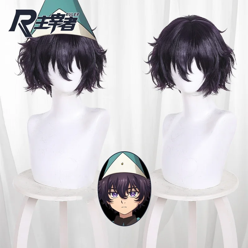 Peluca de Cosplay Negra y Morada Agott, Estilo Bruja, Corta, Ondulada y Voluminosa, 30cm, Resistente al Calor, para Comic Con, con Gorro de Peluca Gratis