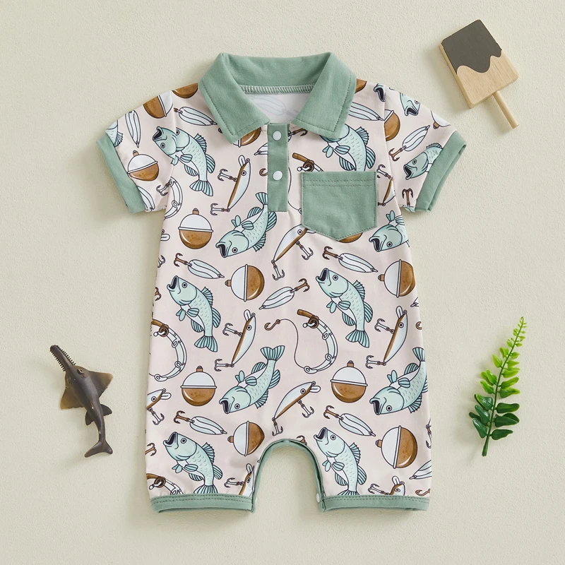 

Summer Fashion Toddler Clothing Baby Boy Fish Print Romper Half Button-up Lapel Neck Short Sleeve Jumpsuit Summer Clothes