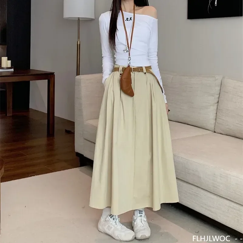 Cotton Blends All-Match Autumn Winter Skirt With Belt Women Preppy Style Girls Korean Design Solid Cute High Waist Long Skirts