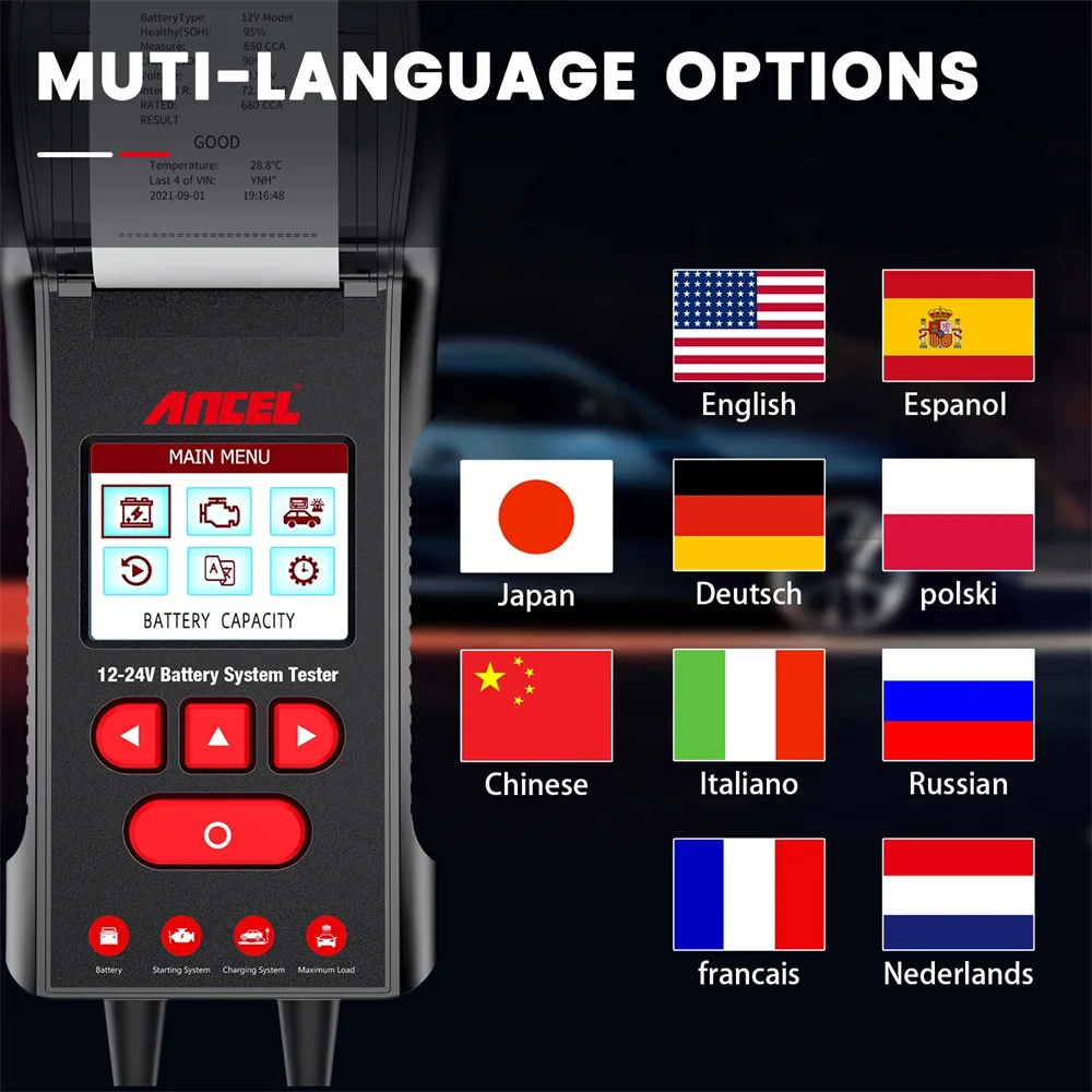 ANCEL BST600 Car Battery Tester with Printer 12V/24V 100-2000CCA Battery Temperature Load Tester Cranking Charging System Test