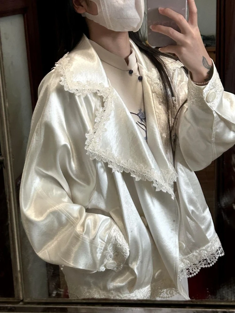 French Elegant Luxury Chic Lace Trim Shawl Collar Satin Blazer Jacket Women Cropped Loose Slim Fit Versatile Casual Daily Outfit