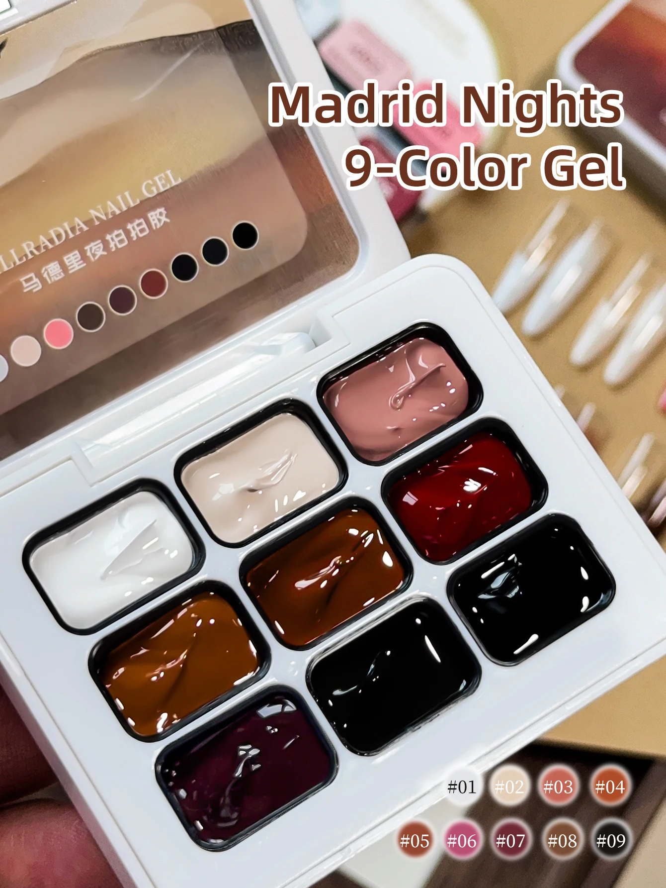 กาวทาเล็บ 9 สี Madrid Nights ลายพิมพ์ กาวทาเล็บแบบกึ่งแข็ง สีสดชัด ติดทนนาน ยอดนิยม สำหรับร้านทำเล็บ ใช้เฉพาะทาง