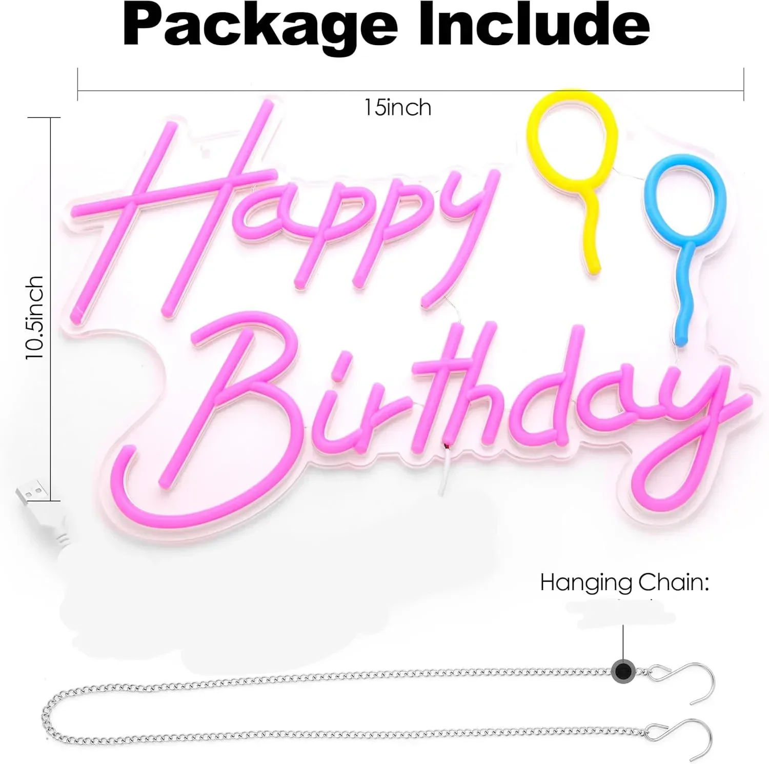 Happy Birthday Neon Sign Pink Balloons LED Wall Art USB Powered Colorful Decor Party Bar Celebration Aesthetic Hanging Light