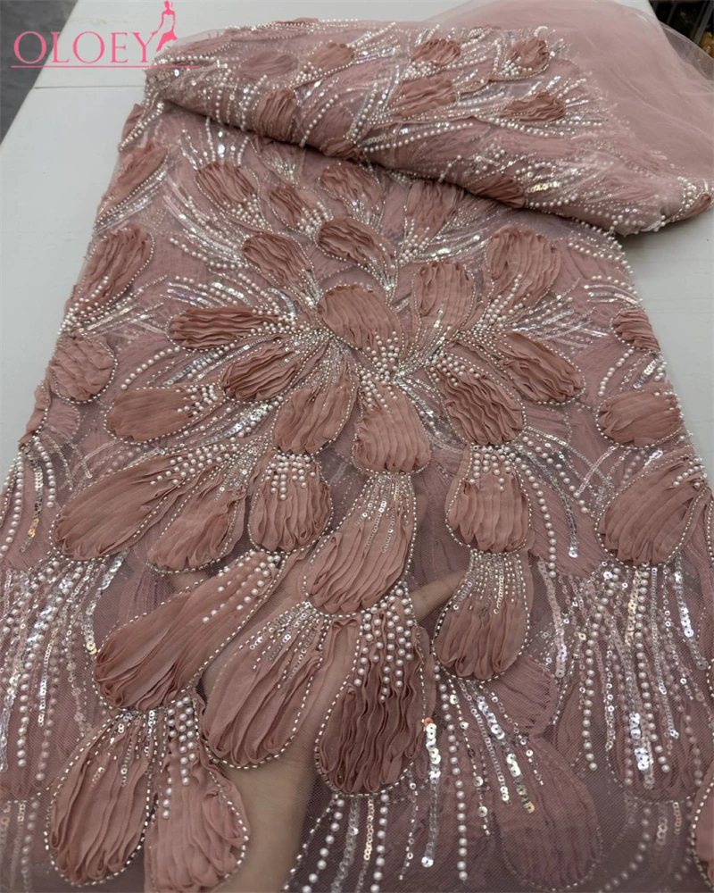 OLOEY vestido de noche de encaje de red bordado hecho a mano con lentejuelas de cuentas moda francesa de alta gama nuevo diseño de alta calidad para fiesta