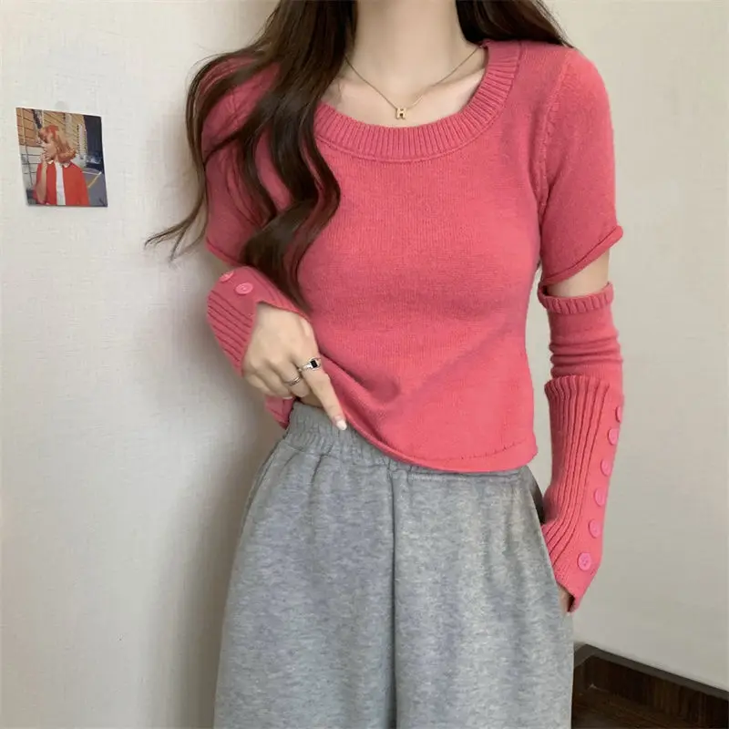 O-neck Knitting Pullovers Autumn Winter Thin Casual Long Sleeve Tops Interior Lapping Sweet Sweaters Women\'s Clothing 2023 New