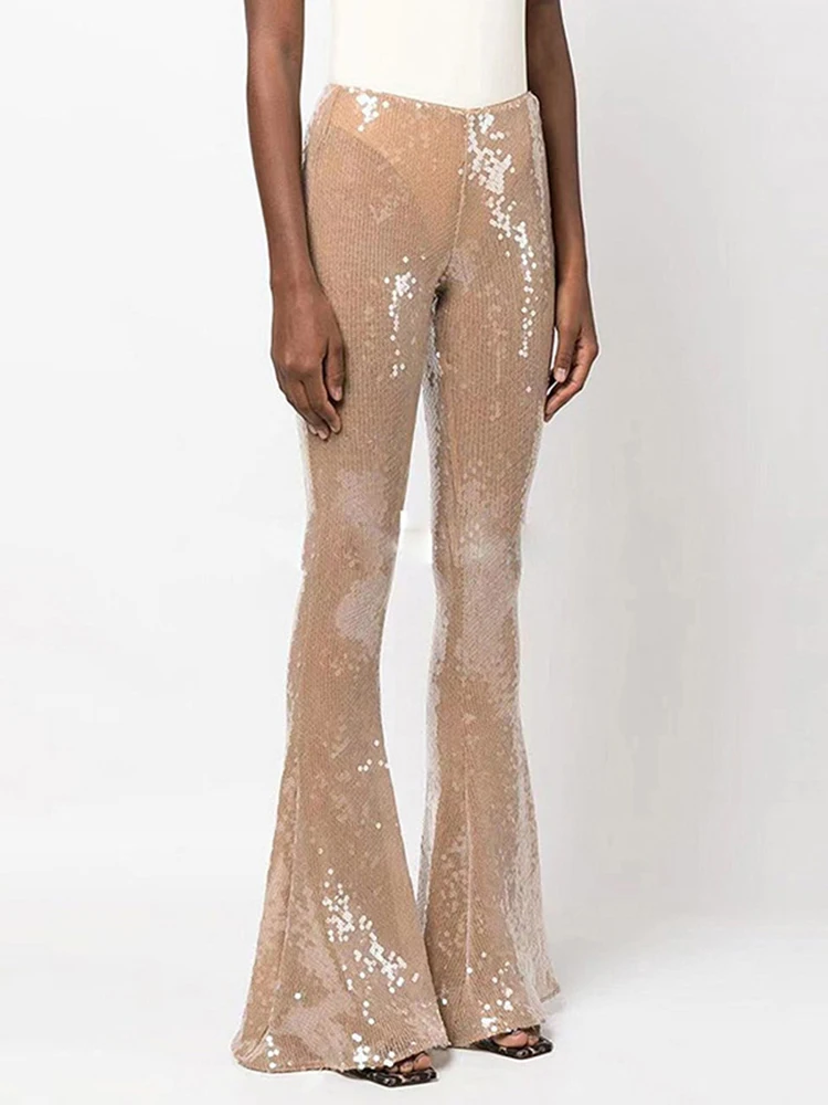 VGH Design Heavyweight Shiny Sequin See-through Flared Pants High-waist Slimming Transparent Bead Long Casual Trousers