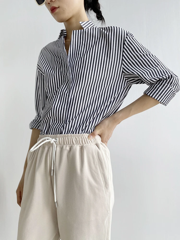 

Женская рубашка Ruijin из высококачественного чесаного хлопка с цветным плетением, дизайнерская, с воротником-стойкой, черная, для ранней весны.