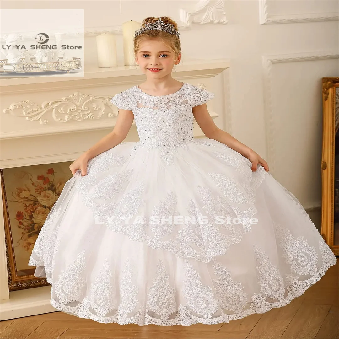 White Fower Girl Dresses For Wedding Cap Sleeves Pagenat Dress Long Toddlers Beaded Lace Applique abiti da prima comunione