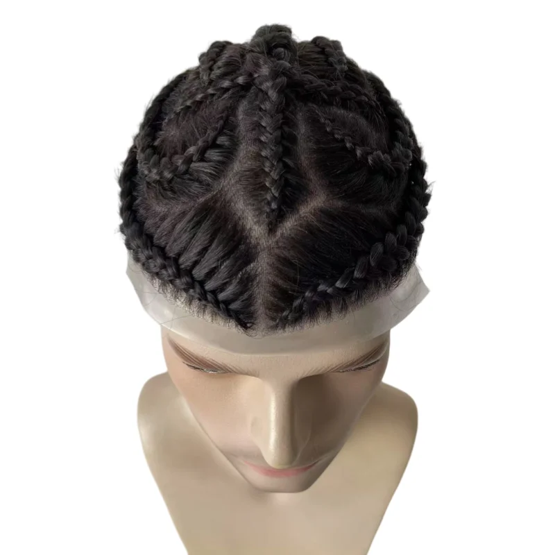 Indian Virgin Human Hair Replacement 1b# Natural Black Afro Cornrow Braids 8x10 Full PU Toupee Skin Unit for Black Men
