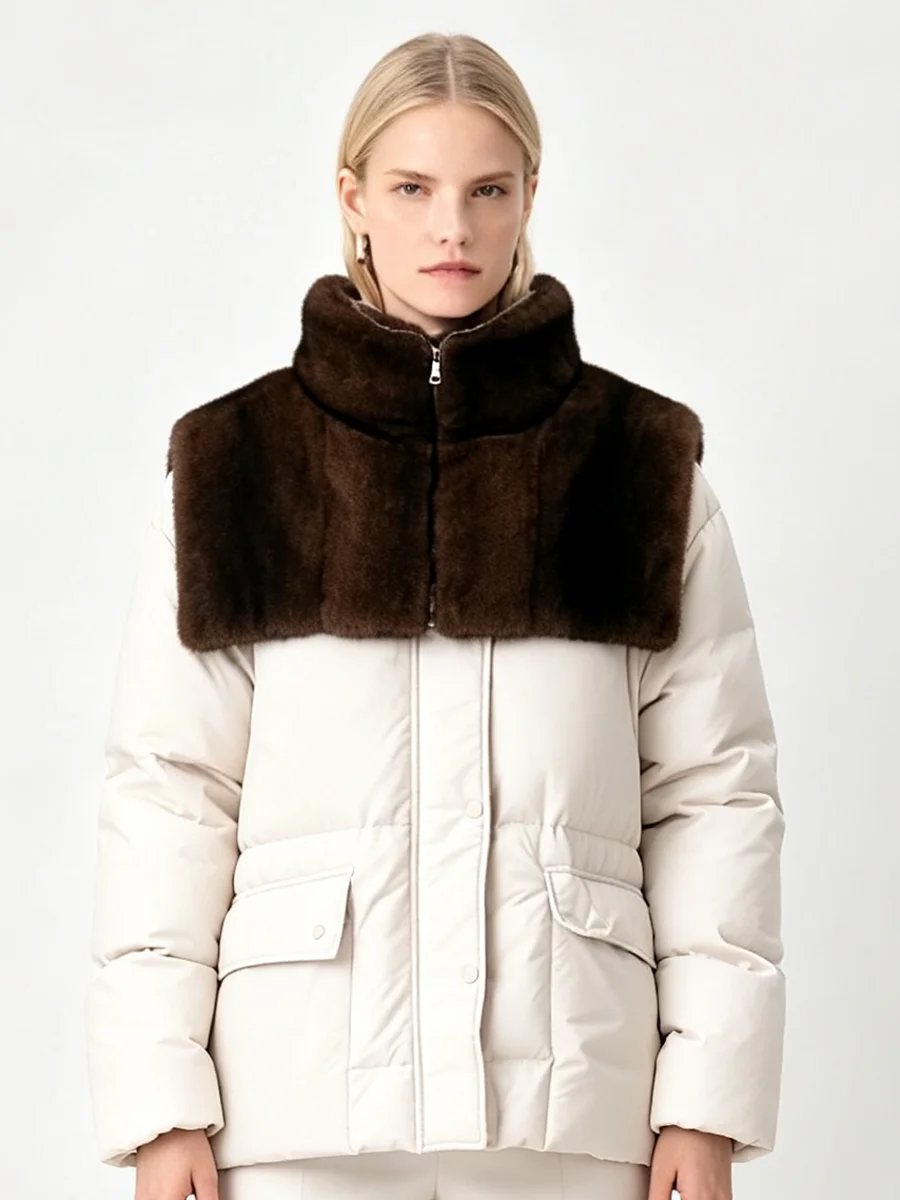 LIMO Women Dark Brown Faux Mink Fur Shoulder Cape Zipper Stand Collar Warm Winter Fur Shawl Wrap Outerwear