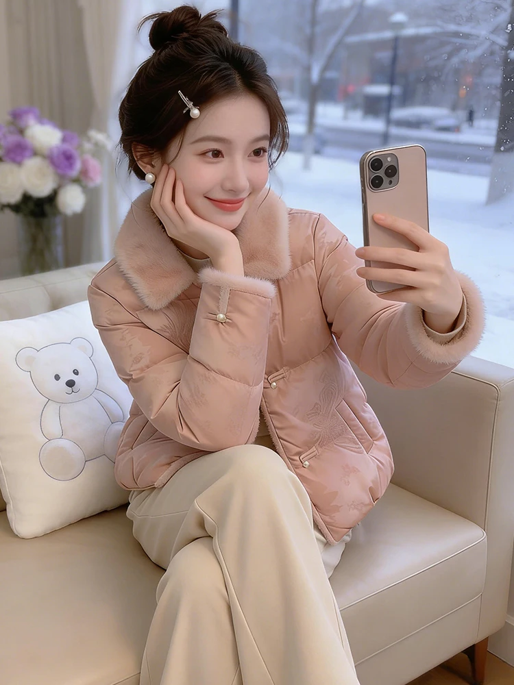 

New Chinese Style Women's Fleece Lined Cotton Jacket Stand Collar Warmth Outerwear Winter Coat Stylish Commute Fashion