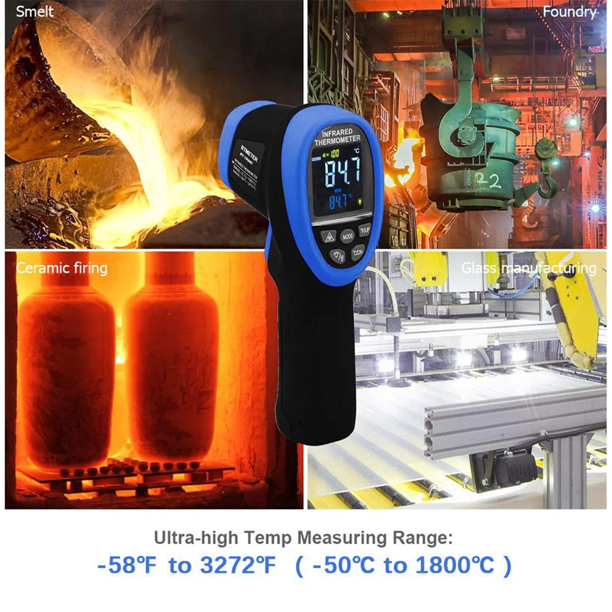 

2025+ BT-1800C Pyrometer -58°F -3272°F (-50-1800℃) IR Temp Tool,D:S 50:1 High Temperature Infrared Thermometer