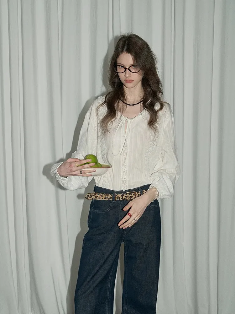 Elegant Lace Trim Button up Lantern Sleeve White Shirt Women's Design Sensation Spring Autumn New Style French Style Loose Fit