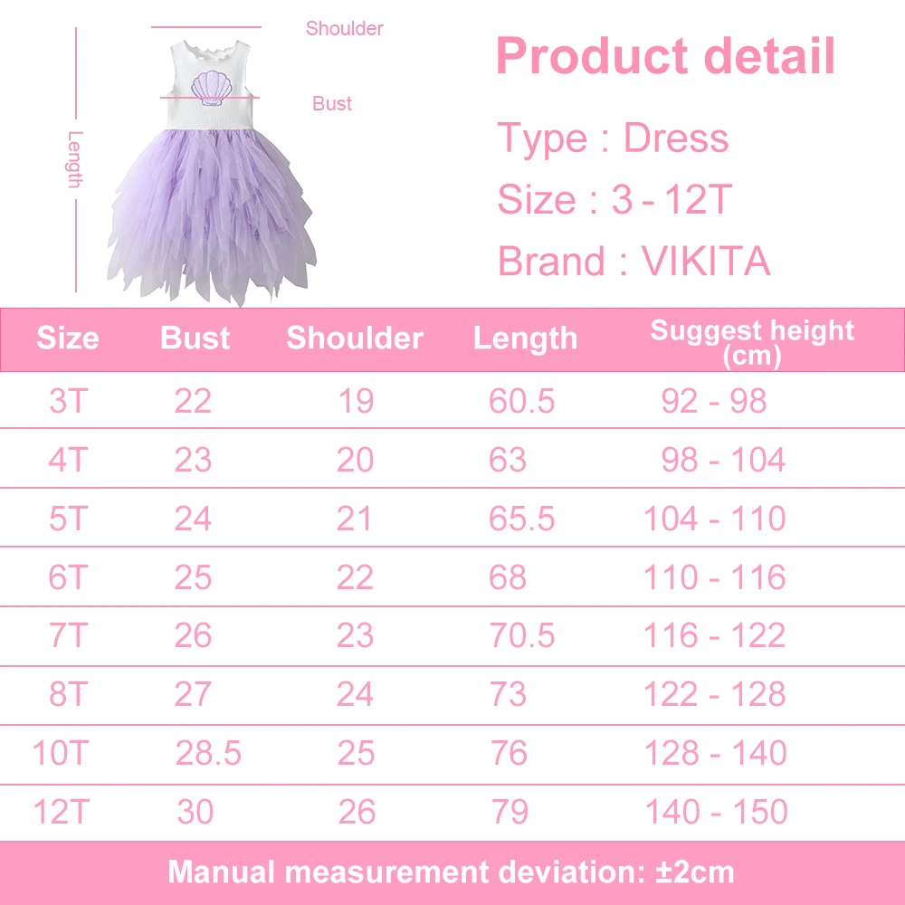 VIKITA Kinder-Kleid in Lila mit Muschel-Stickerei, gestrickt, für Mädchen, Sommer, ärmellos, unregelmäßig, für Party, Tanz, elegantes Tutu-Kuchenkleid – Detail 1