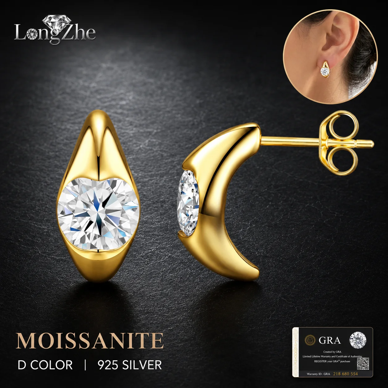 LongZhe Moissanite Earrings for Women 2CT Total Pear Cut S925 Silver Gold Color Elegant Studs Anniversary Gift