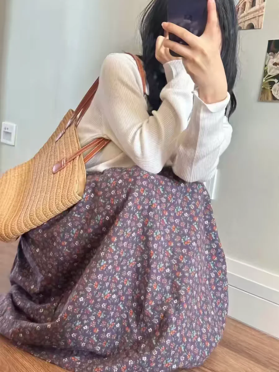 Purple Floral Print Midi Skirt Women's Summer New Style Forest System Artistic Retro Umbrella Skirt High Waist Slimming Hip C...