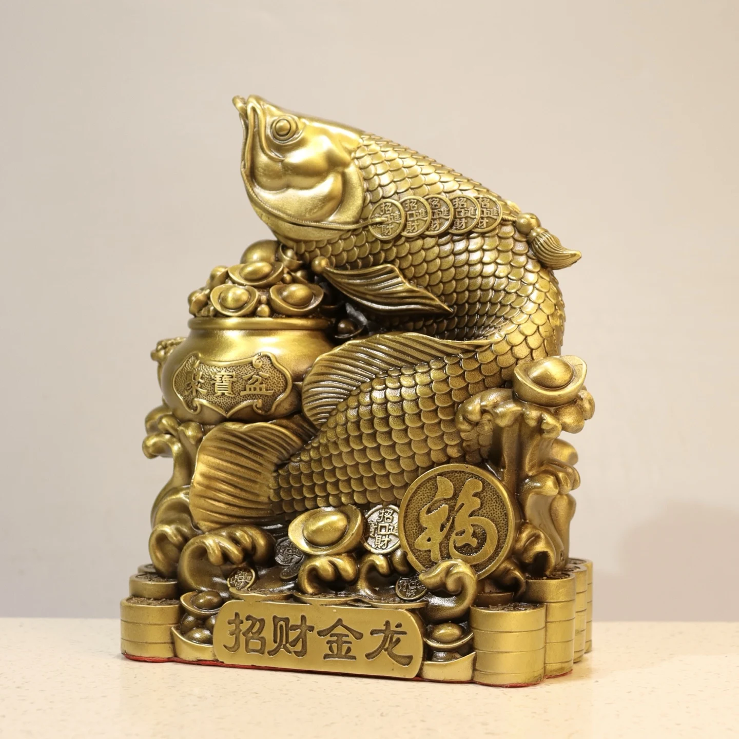 Old Brass Fortune Golden Dragon Fish Treasure Bowl Yuanbao coins Blessings to the Wealth Gathering Fish Study screen  Ornaments