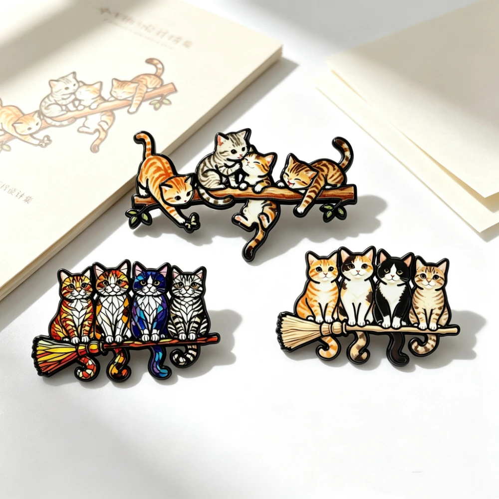 3 Styles Schwarze Katzen Emaille-Anstecknadeln, Niedliche Buchwurm-Kätzchen-Pfoten-Broschen, Buchliebhaber-Abzeichen, Sonnenblumen-Hexenbesen-Schmuck, Geschenk für Freunde – Detail 2