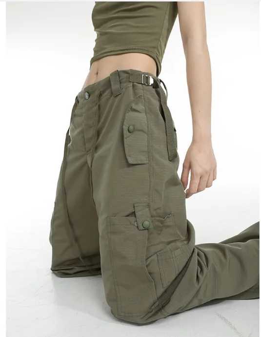 

Зеленые брюки-карго в стиле хип-хоп, женские модные брюки-карго Y2K в стиле Харадзюку, свободные широкие черные брюки с парашютом, женская винтажная уличная одежда