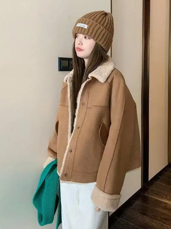 Thiened Lammfelljacke für Damen: Leder- und Fellintegrierte Frühlingsjacke, Neu, Kleine Größe, Wärmend, Retro-Stil, Gerade Passform