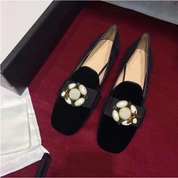 Koovan Women's Flats 2022 New Suede Square Head Rhinestone Pearls Buckle Flat Shoes Black Loafer Women Boat Shoes Scoop girls