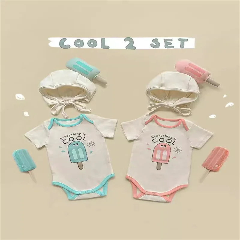 2024 lustige Sommer Baby kleidung Junge Mädchen koreanischen Stram pler Bodysuit Baumwolle kurze Säugling Eis druck Stram pler Overalls mit Hut