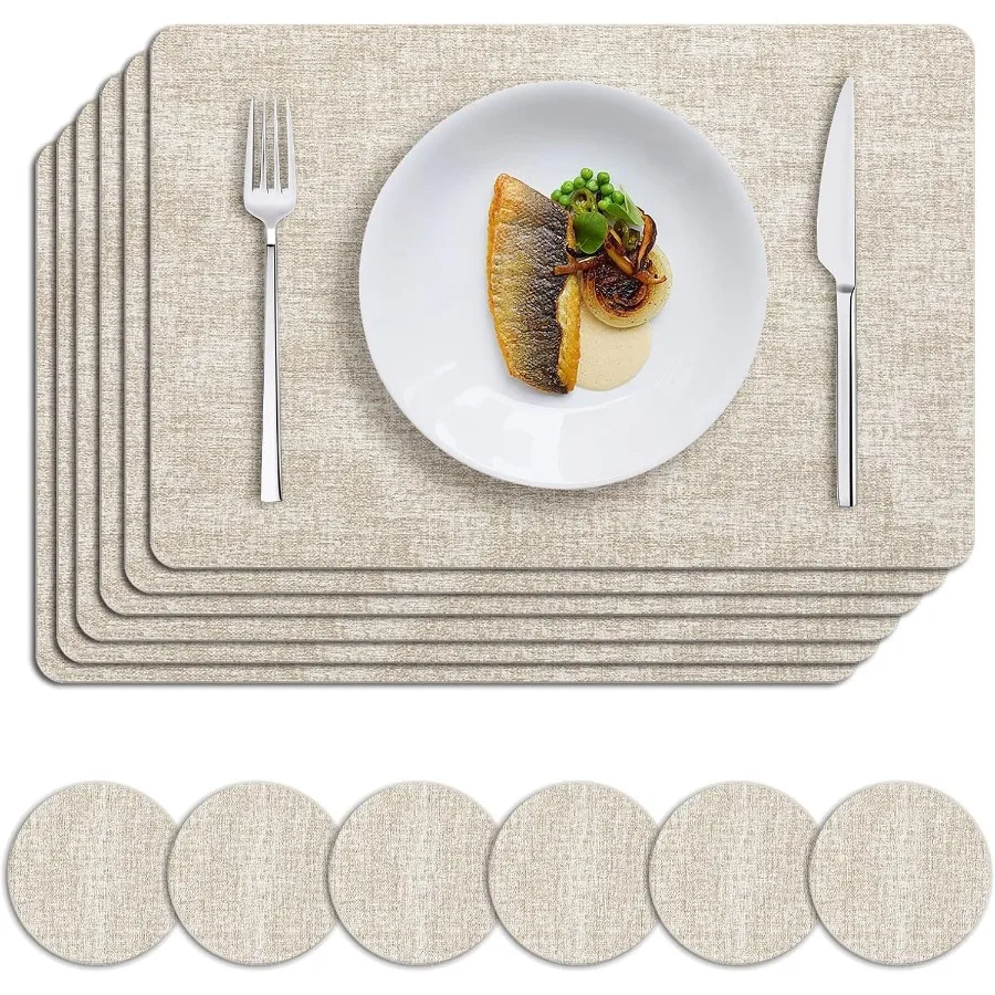 

Faux Leather Placemats Set of 6 Heat Resistant Wipeable Washable Vinyl Place Mats with Coasters Waterproof Oil Proof Table Mats