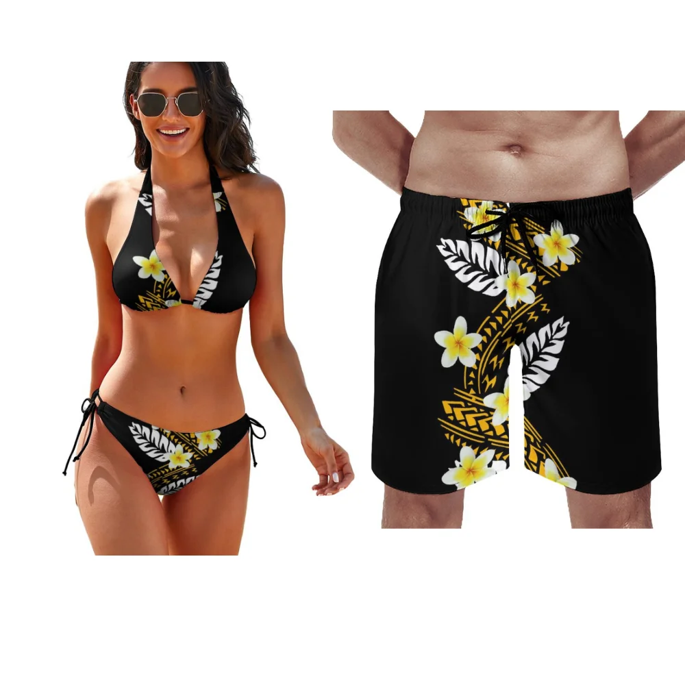 Polynesian Custom Couple Swimsuit Party Couple Swimsuit Beach Sexy Bikini Suspenders Design Men's Sports Shorts Surf Trunks