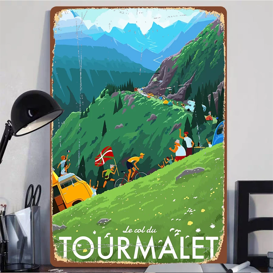 Tour de France Col du Tourmalet Mountain Landscape Metal Wall Art Alpine Cycling Decor for Living Room Study