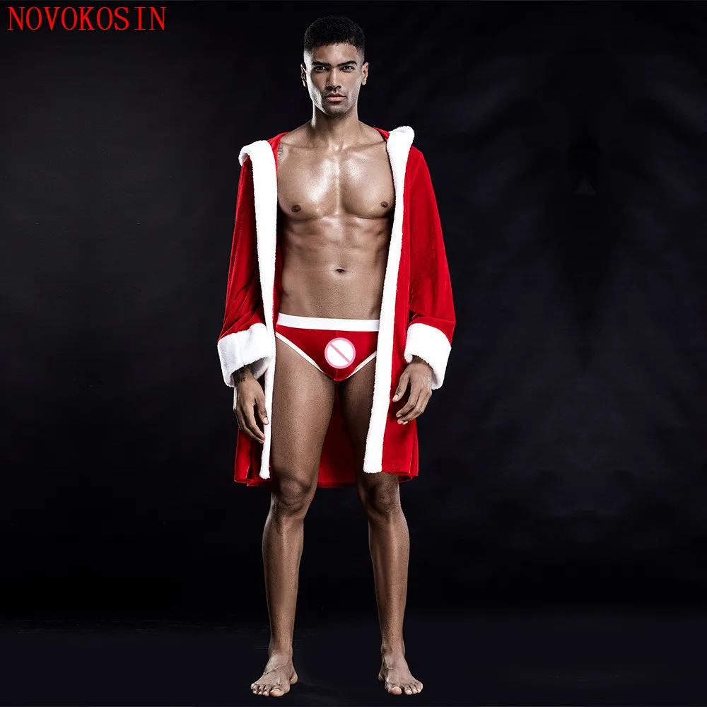 20 Style Christmas Cosplay Costume Sexy Men Long Cloak With Gay Underwear Women White Fur Red Velvet Dress With Stocking Hat