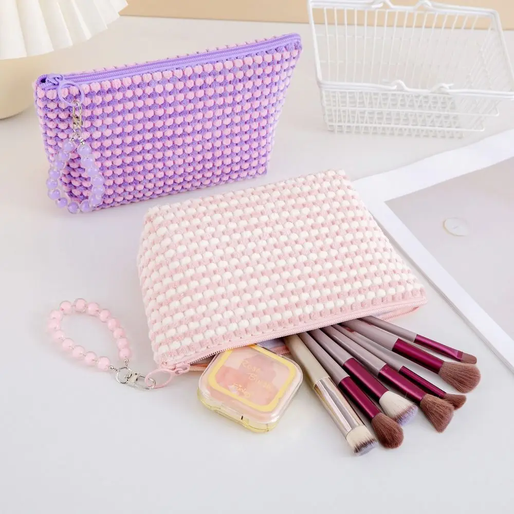 With Bead Bracelet Women Cosmetic Bag Plaid Zipper Plush Cosmetic Case Multi-functional High Capacity Toiletries Storage Pouch