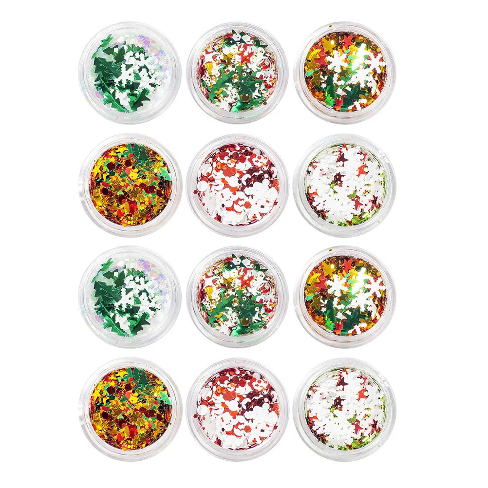 

12 Boxes Women Nail Art Supplies Christmas Tree Pattern Glitter Decals Festive Manicure Sequins DIY Nail Design Kit