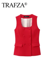 TRAFZA Red Square Neck tasche senza maniche bottoni doppio petto moda femminile gilet Top donna estate Casual gilet Top